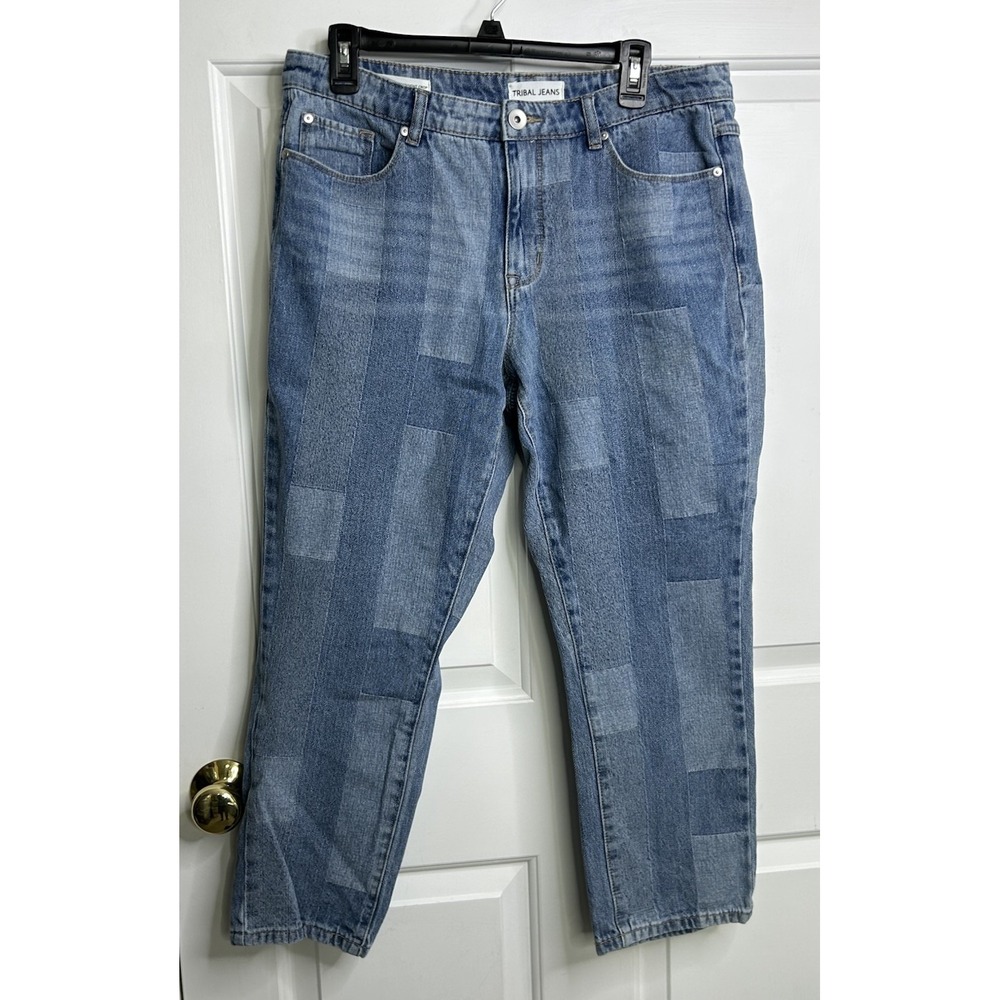 Tribal Jeans Women's 12 Audrey Mid Rise Straight Crop Optical Patchwork Pants